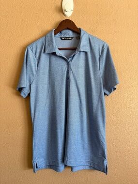 Travis Mathew Men’s Light Blue Polo Shirt with Subaru Logo on Sleeve Size XL
